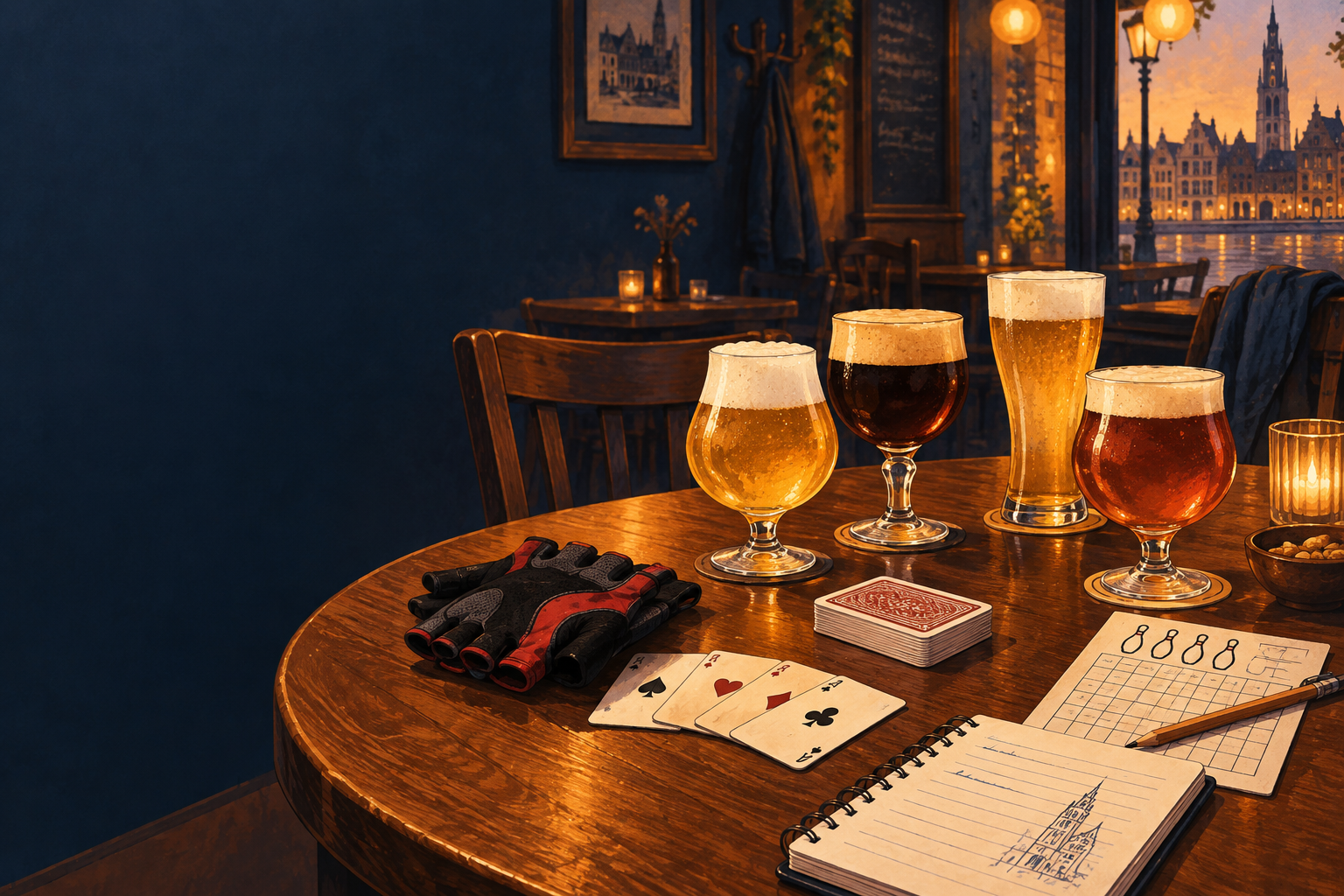 Sfeervolle illustratie van een cafétafel met pintjes en materiaal voor verschillende activiteiten